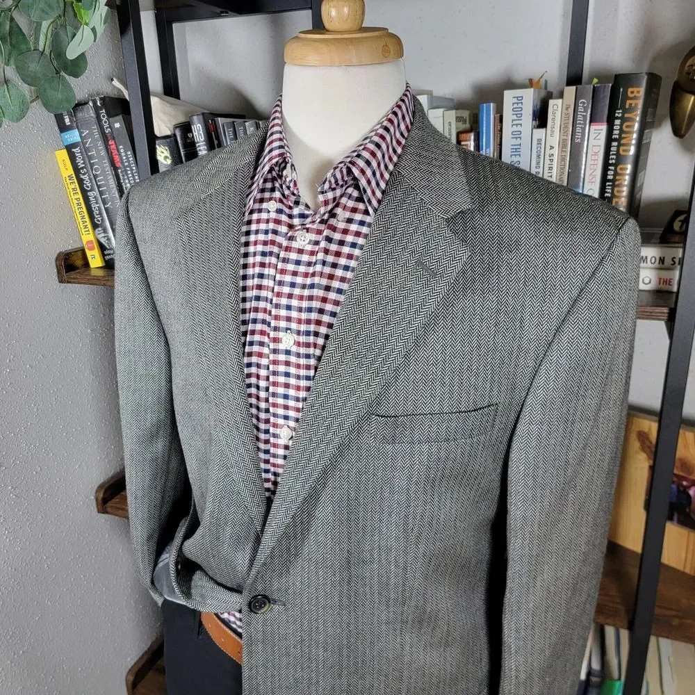 Nautica Men's Sport Coat Blazer Two Button Gray Herringbone Lambs Wool Blend 44L